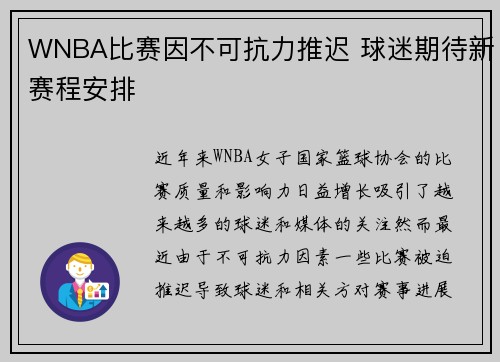 WNBA比赛因不可抗力推迟 球迷期待新赛程安排