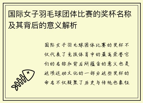 国际女子羽毛球团体比赛的奖杯名称及其背后的意义解析