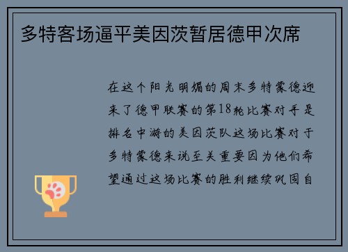 多特客场逼平美因茨暂居德甲次席